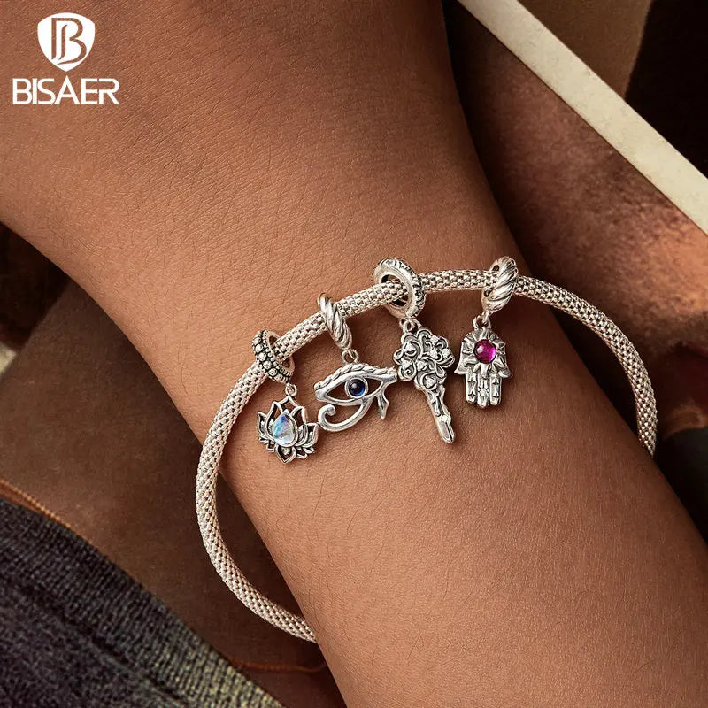 BISAER 925 Sterling Silber Lotus Hug Charm Bead Auge des Horus Hand Fatima Anhänger für Frauen DIY Armband & Halskette Edlen Schmuck