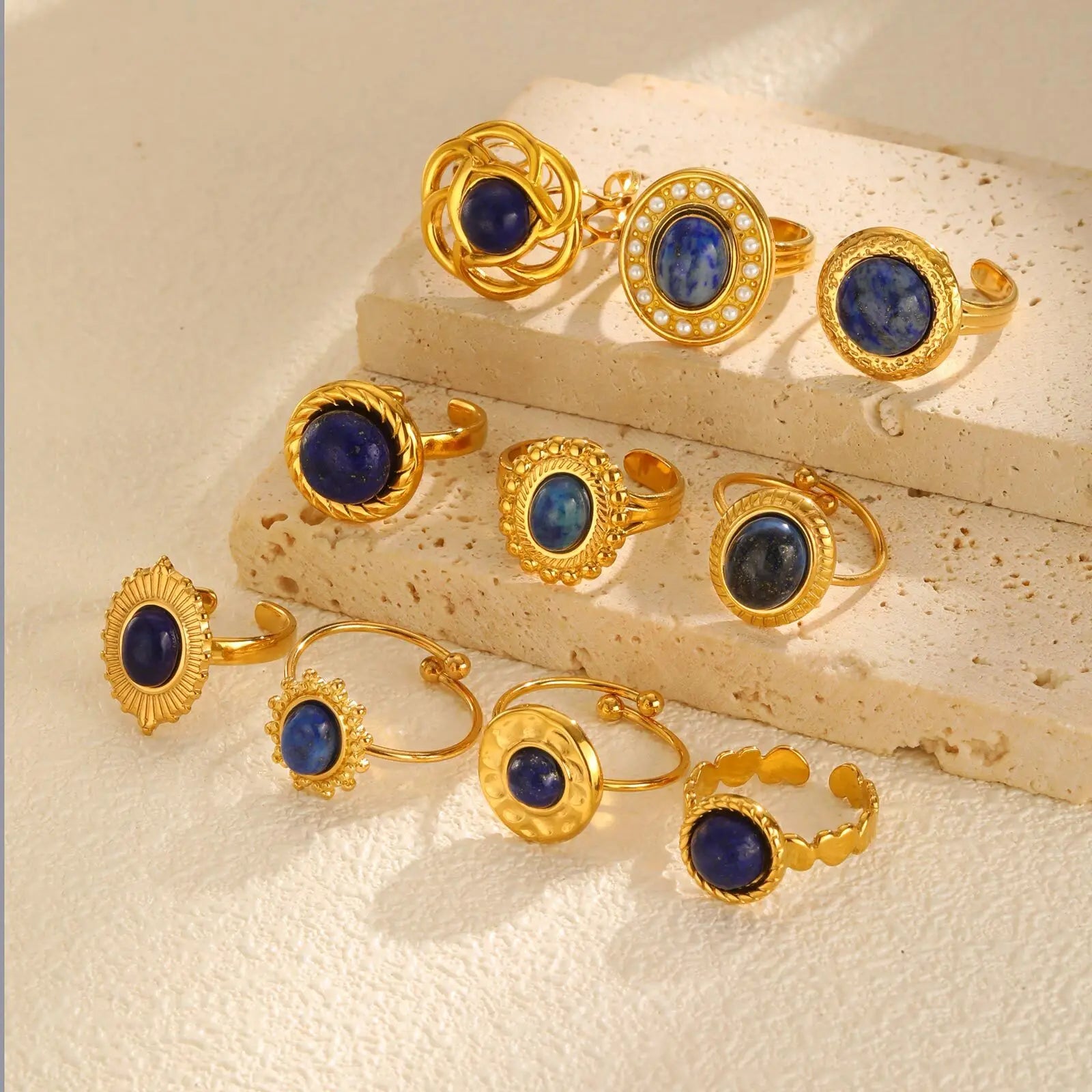 Vnox Elegant Natural Stone Stainless Steel Rings Fashion Colored Pearl Opal Turquoise Rings For Women Retro Waterproof Jewelry