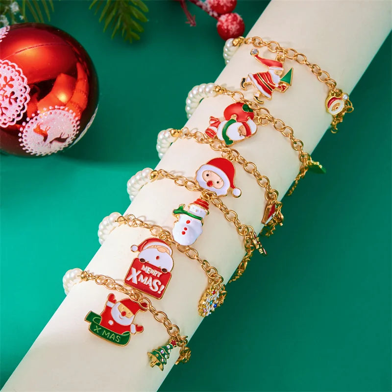 Creative Christmas Metal Chain Bracelet For Women Men Delicate Imitation Pearl Santa Claus Xmas Tree Snowflake Snowman Bangles