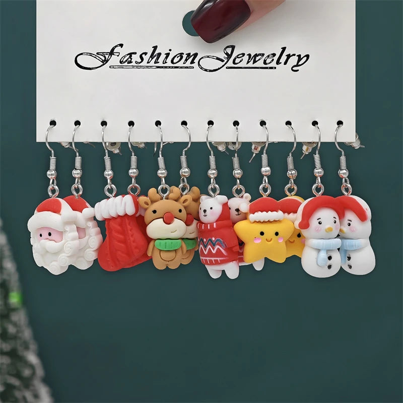 6 Pairs Colorful Christmas Cartoon Dangle Earrings Set For Women Girls Cute Santa Claus Snowman Elk Resin Drop Earring Jewelry
