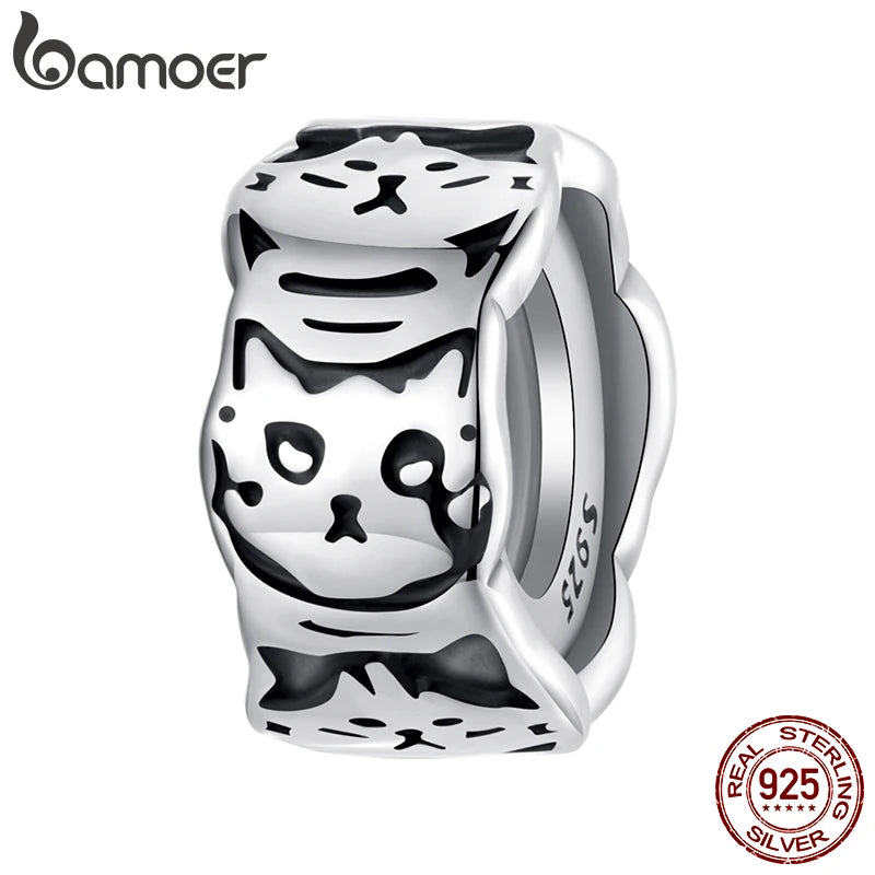 BAMOER Solid 925 Sterling Silver Cat Spacer Charm fit Original Bracelet DIY Jewelry Accessories bamoer Beads SCC3041