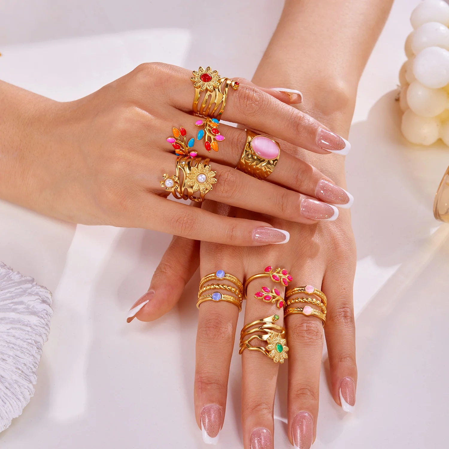 Gold Color Stainless Steel Ring for Women Colorful Leaf Daisy Flower Opal Opening Adjustable Finger Ring Wedding Jewelry Gift