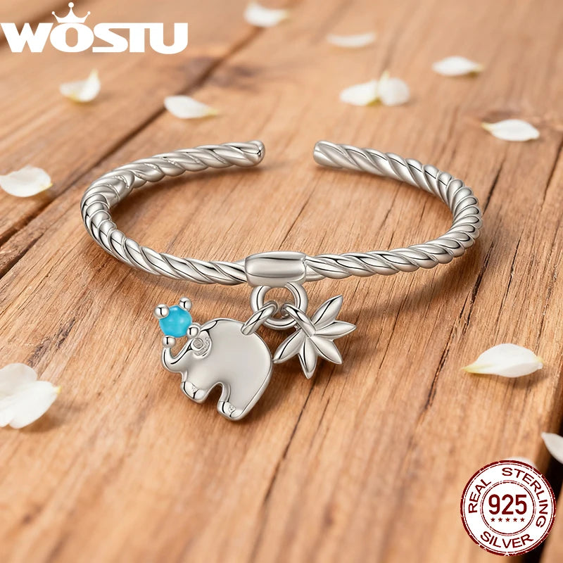 WOSTU Solid 925 Silver Cute Elephant Twisted Rope Open Ring For Women, Turquoise Animal Adjustable Rings Girl Bithday Fine Gift