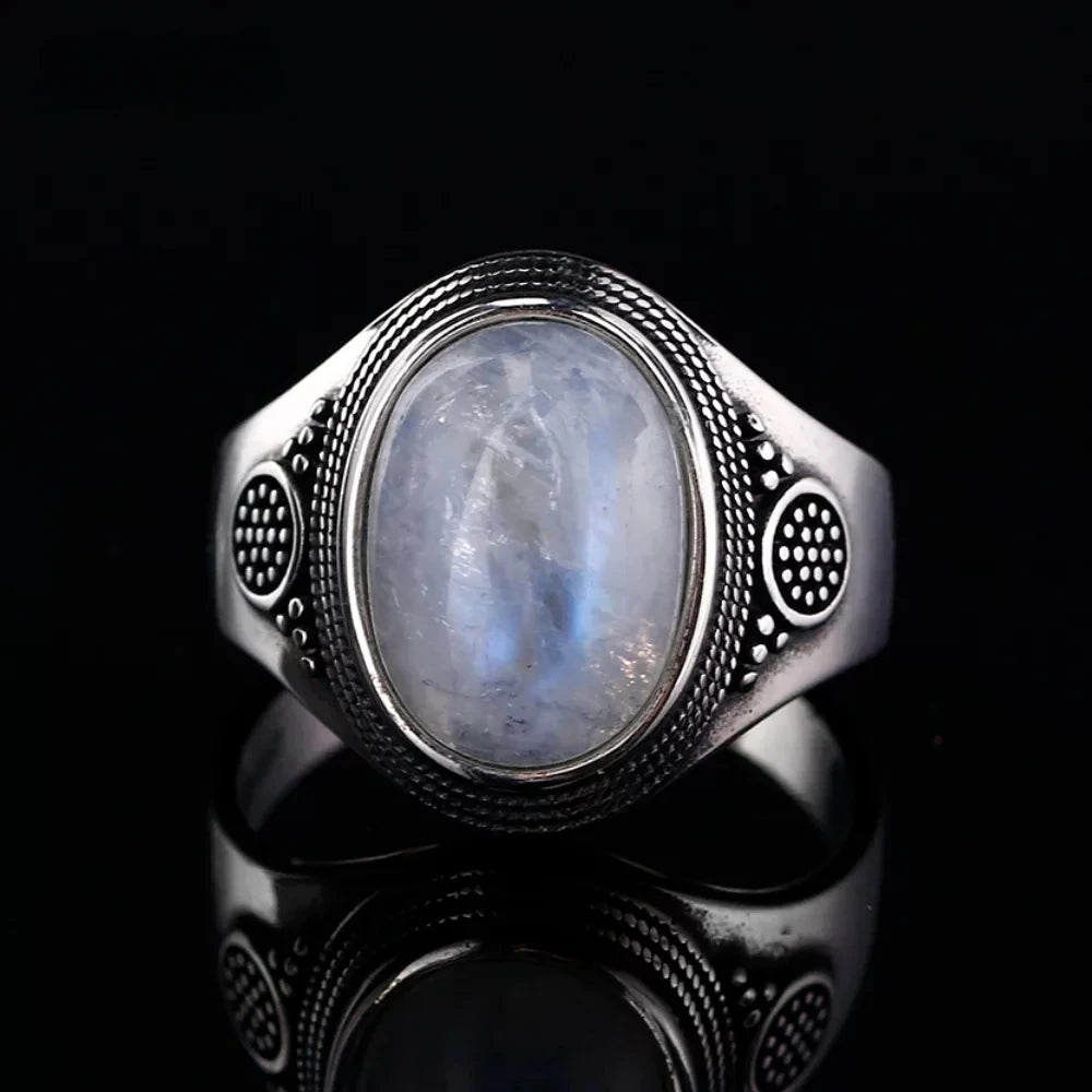 Vintage 925 Sterling Silver Ring Natural Moonstone Ring 10*14mm Oval Large Stone Retro Silver Fine Jewelry Gift For Women Men