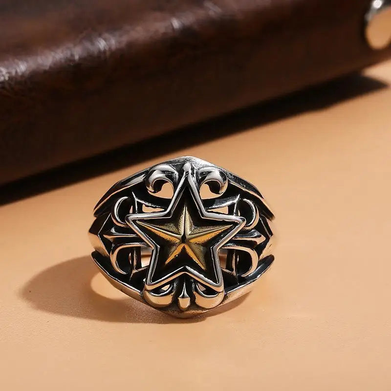 Retro Golden Cross Star Ring For Men Punk Gothic Rock Hiphop Open Ring Handmade Unisex Jewelry Bikers Accessories Lovers Gift
