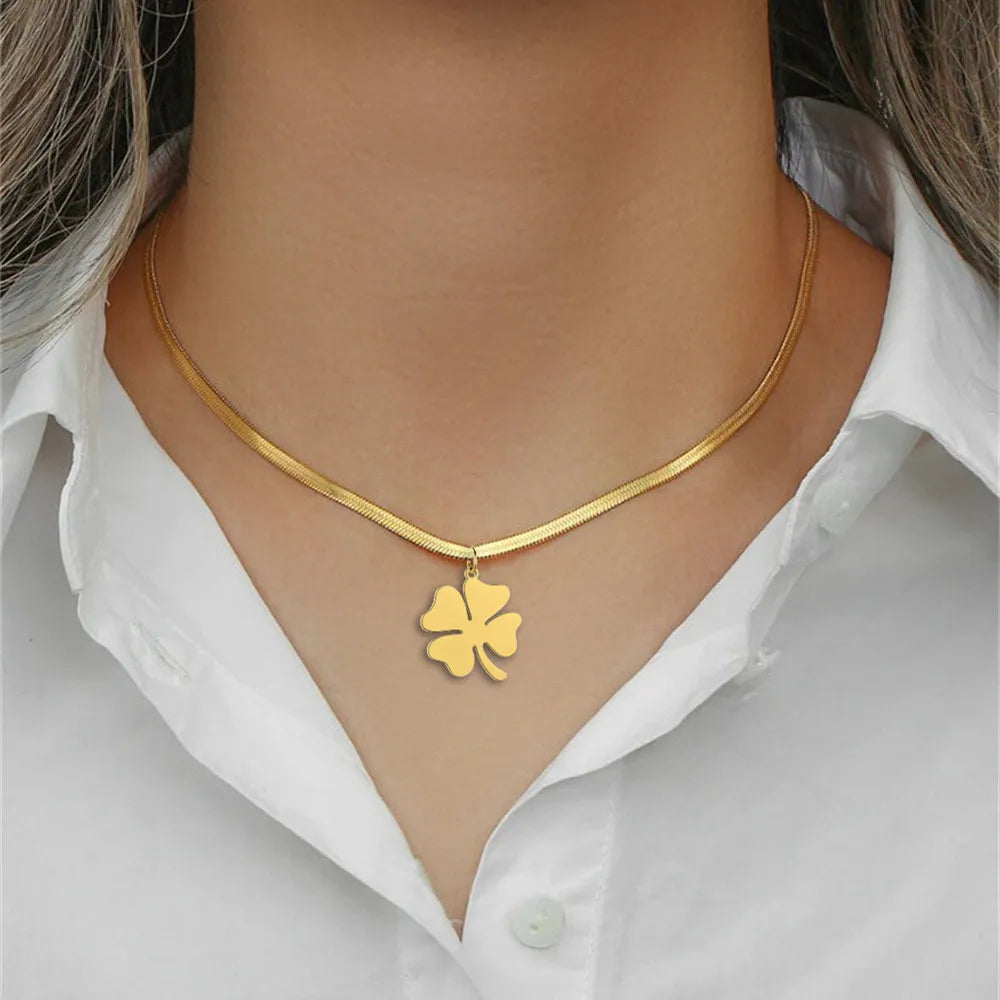 Dreamtimes Lucky Four Leaf Clover Necklace For Women Fashion Snake Chain Stainless Steel Pendant Necklaces Charm Choker Jewelry