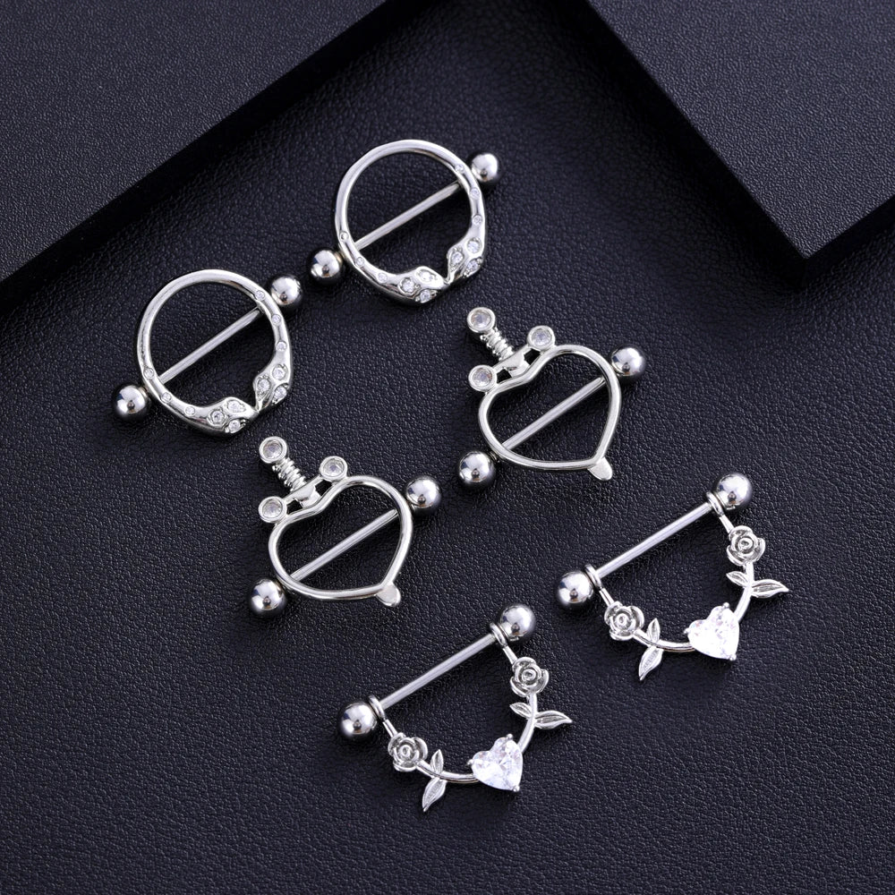 2 STÜCKE Rose Blume Zirkon Nippel Ringe Edelstahl Schlange Schild Barbell für Frauen Mädchen Kristall Nippel Piercing Schmuck Geschenk