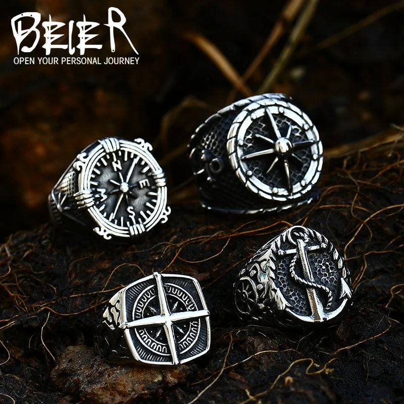 Beier Bague en acier inoxydable 316L pour homme, bijou vintage, style nordique, viking, amulette, boussole, pirate, croix, LR108