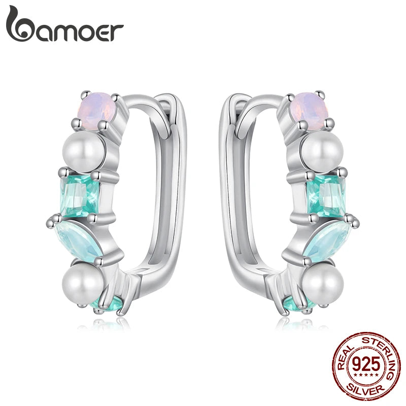 BAMOER 925 Sterling Silber Damen Luxus Pave Mini Huggies Creolen Kreis Runde Ohrringe Regenbogen Schmuck