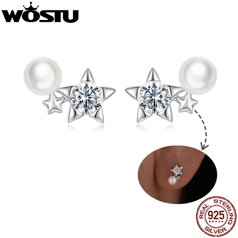 WOSTU 0.4 CT moissanite Star Stud Earrings For Women , 925 Sterling Silver Pearl Moissanite Stacking Studs Earring Xmas Gift