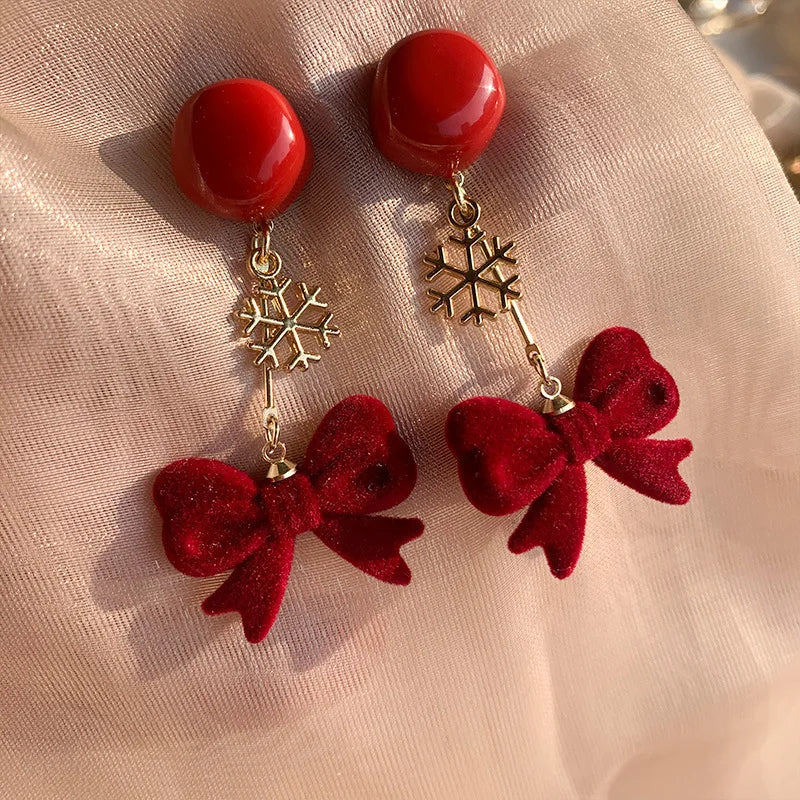 Christmas Red Bow Drop Earring For Women Exquisite Temperament Bowknot Snowflake Long Earrings Girls New Year Party Jewelry Gift
