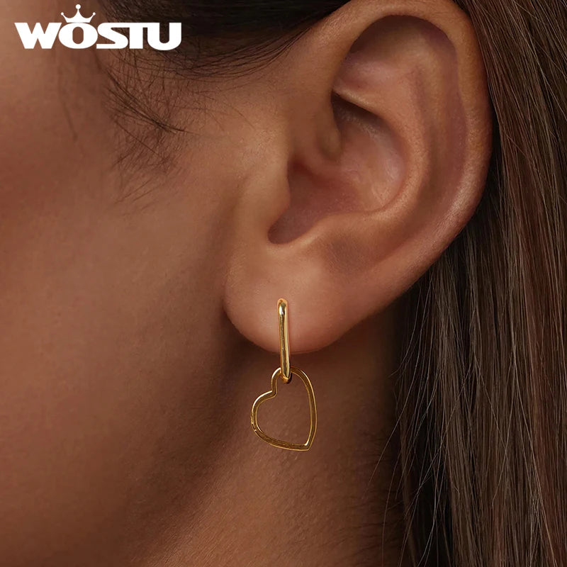 WOSTU Original 925 Sterling Silver Heart Drop Earrings U Hoop Plated gold Minimalist For Women Birthday Party Gift Fine Jewelry