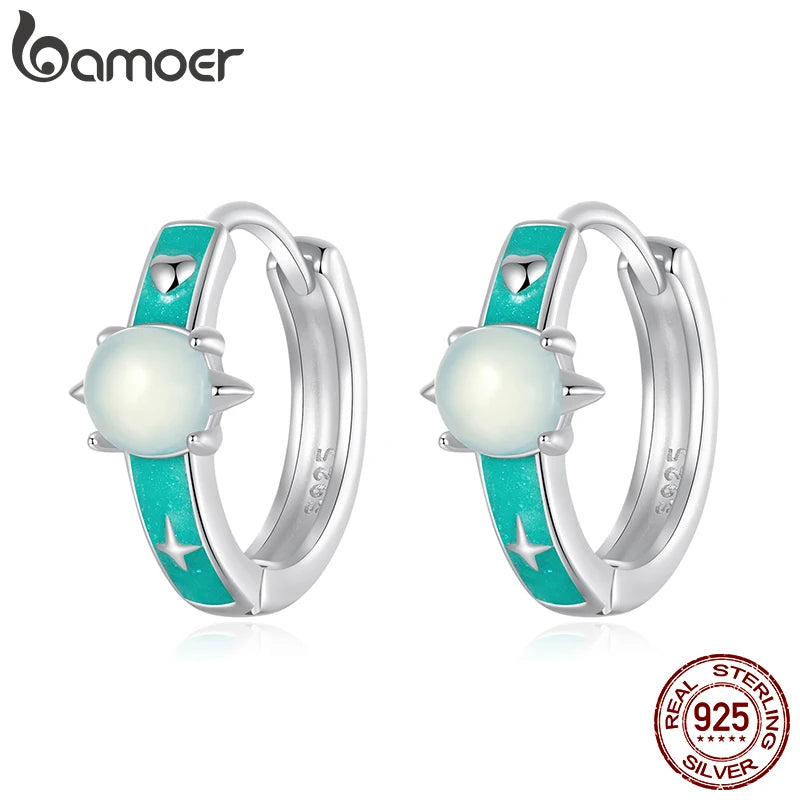 BAMOER 925 Sterling Silver Green Planet Hoops Earrings, Lightweight White Gold Plated Hoop Earrings for Women SCE1802