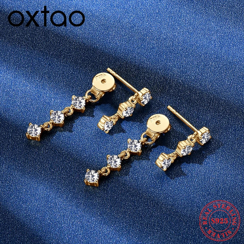 OXTAO 925 Sterling Silver Tassel Chain Earrings 3mm Real Moissanite Drop Earrings Classic Engagement Wedding Jewelry Gift
