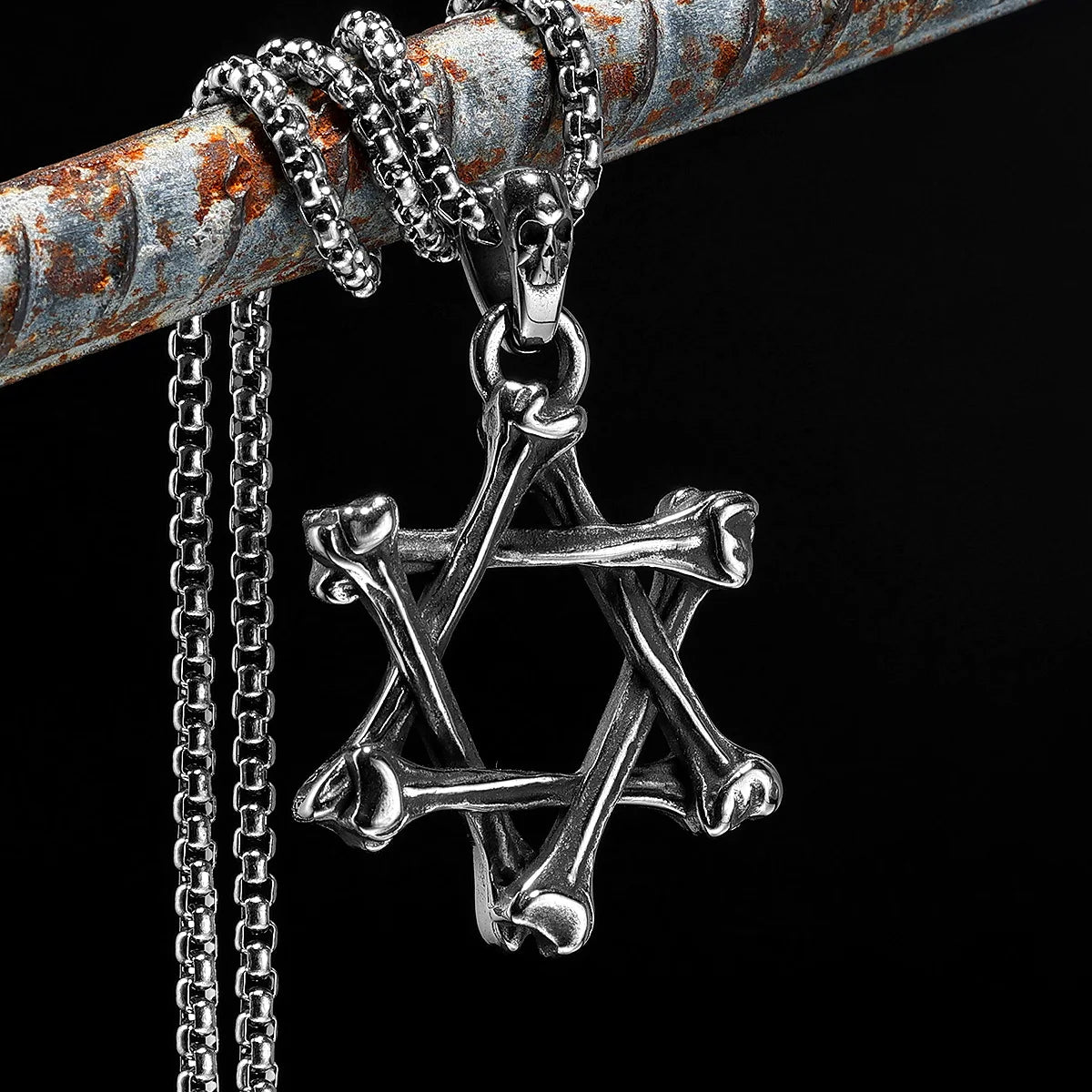 Six-pointed Star of David Necklaces Bones Pendants 316L Stainless Steel Men Chain Rock Punk for Male Jewelry Xmas Gift Wholesale