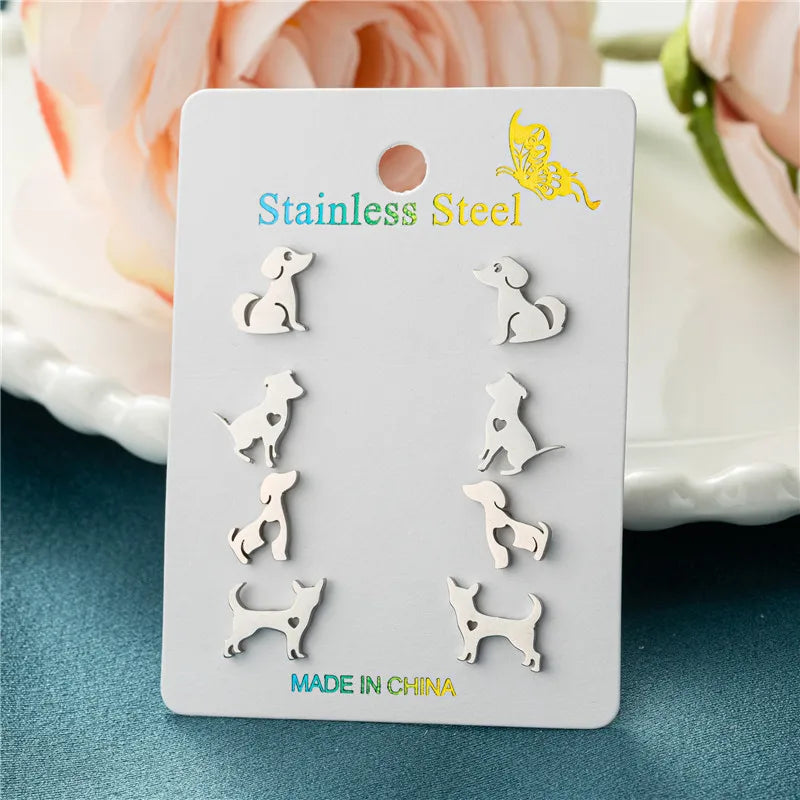 4 Paare/los Mode Dackel Ohrringe Cartoon Schmuck Kleine Tier Edelstahl Metall Welpen Stud Ohrringe Frauen Pendiente