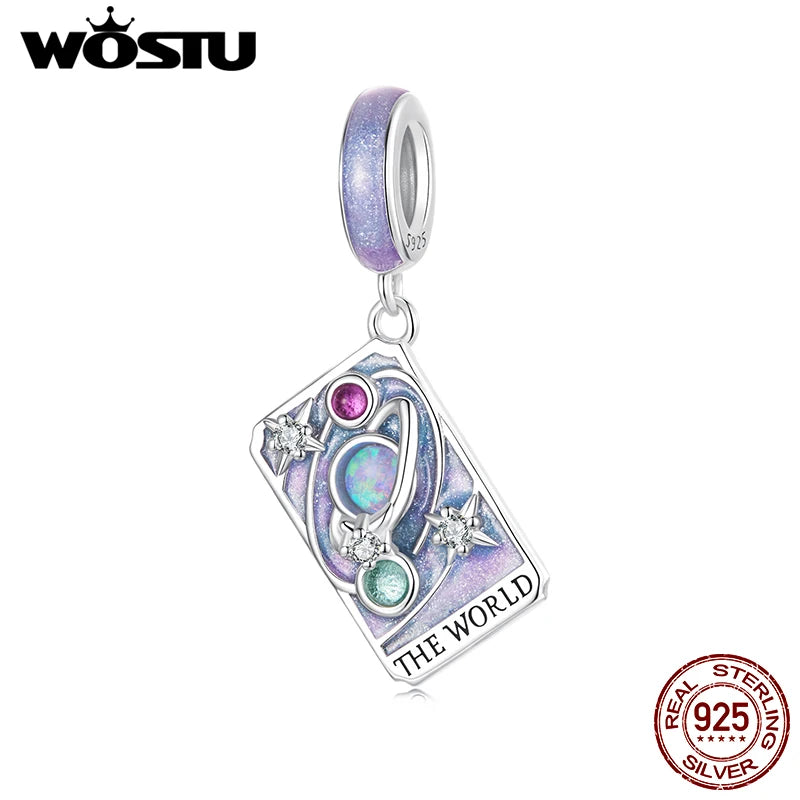 WOSTU 925 Sterling Silver The World Tarot Card Charm Pendant For Women , Original Rainbow Beads DIY Jewelry making
