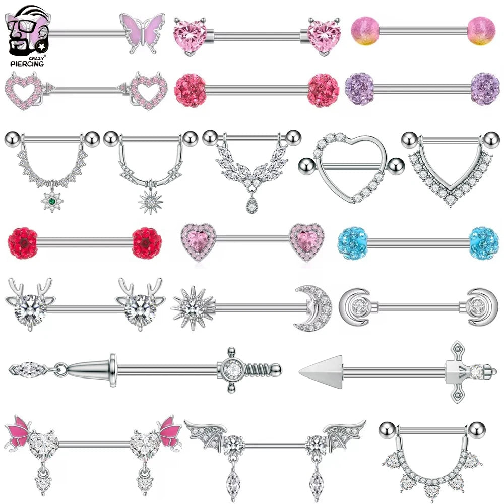 Mixed-Style Nipple Rings 14G Heart Butterfly Sword-Shaped Crystal CZs Nipple Piercing for Women Stainless Steel Shield Jewelry - Madeinsea©