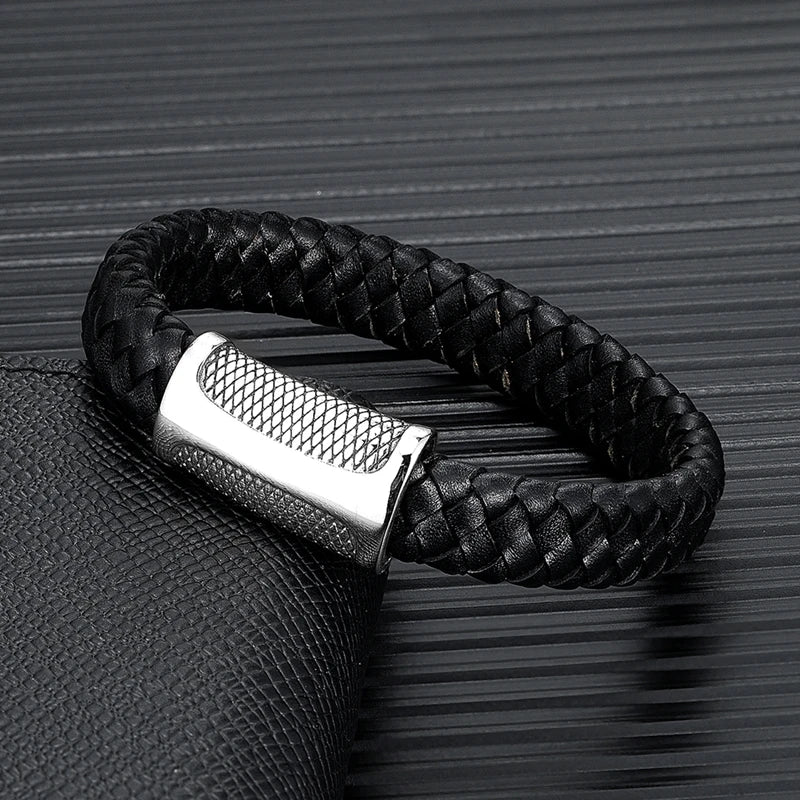 MKENDN Punk Style Men Retro Woven Genuine Leather Bracelet For Women Vintage Stainless Steel Dragon Scale Magnet Clasp