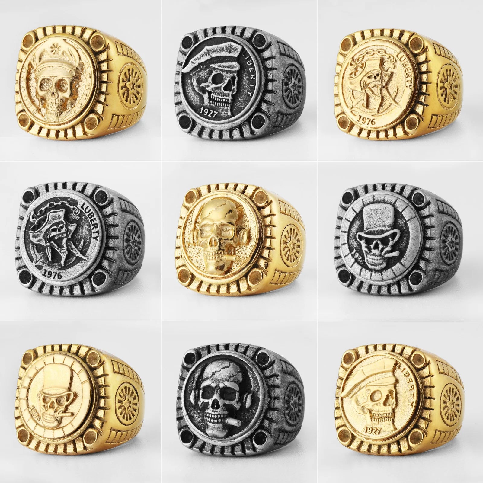 Skulls Badge Rings 316L Stainless Steel Men Ring Variety Retro Skeletons Punk Rock Punk for Rider Male Smoker Jewelry Best Gift