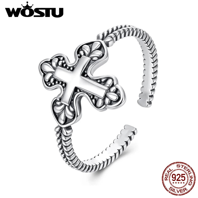 WOSTU 925 Sterling Silver Goth Vintage Cross Open Ring For Women Stylish Retro Adjustable Pray Rings Hip Hop Jewelry Gift
