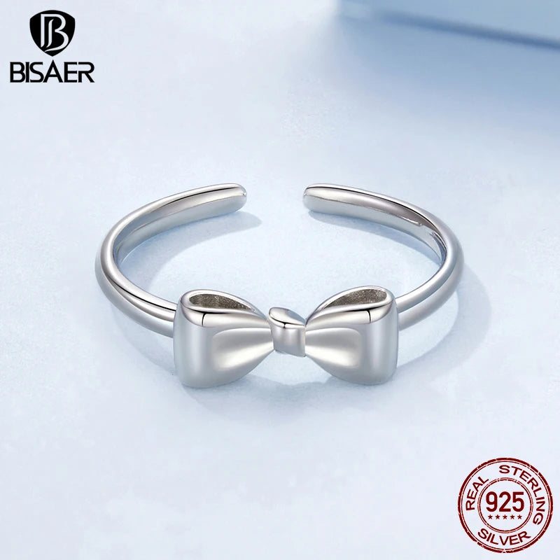 BISAER 925 Sterling Silver Bow-knot Open Ring Adjustable Bow-knot Band Plated White Gold for Women Party Original Fine Jewelry
