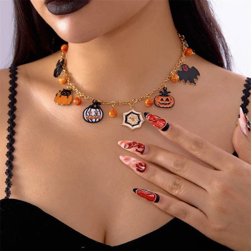 Gothic Punk Halloween Metal Chain Necklace For Women Men Vintage Black Spider Bat Pumpkin Ghost Clavicle Choker Festival Jewelry