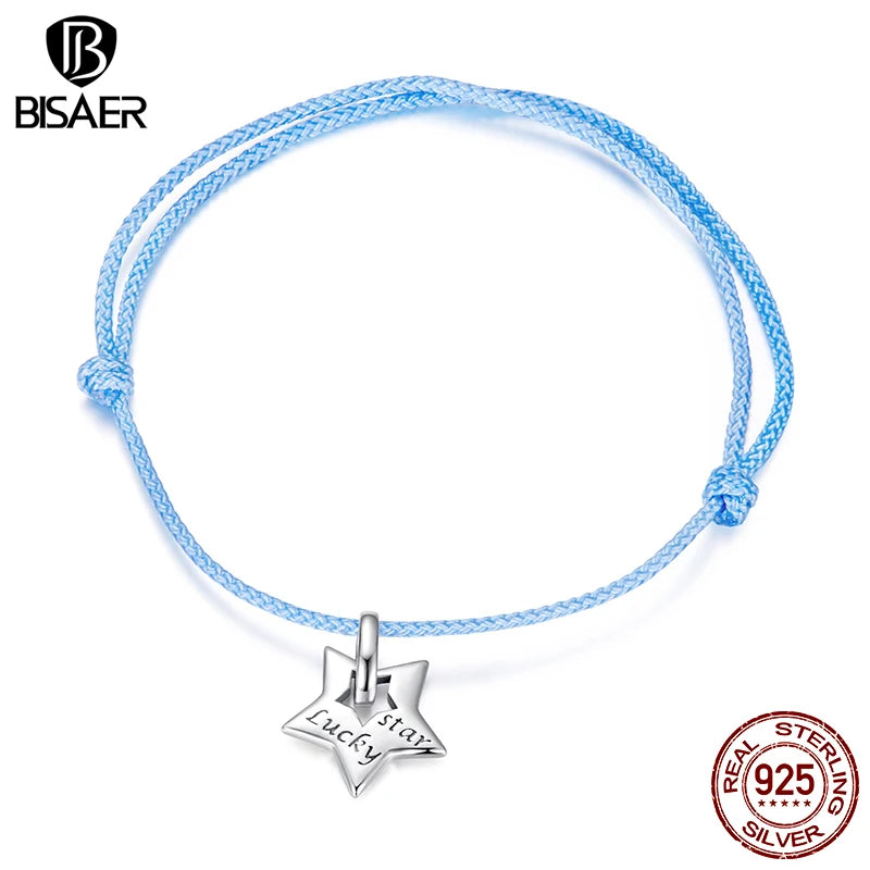 BISAER 925 Sterling Silver Bule Lucky Star Bracelet Simple Adjustable Bracelets for Women Charm DIY Fine Jewelry Holiday Gift