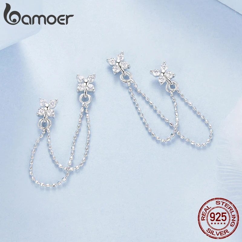 BAMOER 925 Sterling Silver Elegant Tassel Stud Earrings for Women, White Gold Plated Hypoallergenic Simple Earrings BSE1106