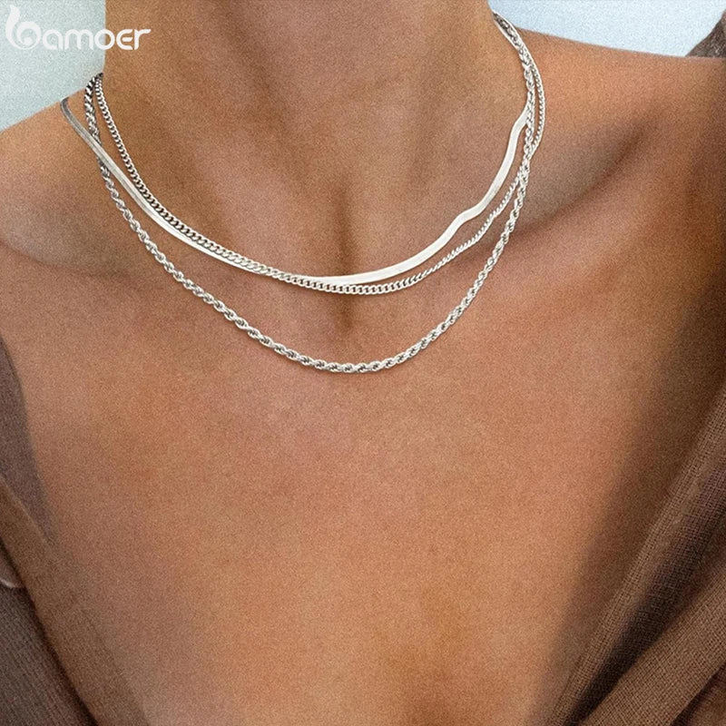 BAMOER zierliche Choker-Halskette mit Fischgrätenmuster für Frauen und Mädchen, Schlangenketten-Halskette aus 925er Sterlingsilber, Modeschmuck