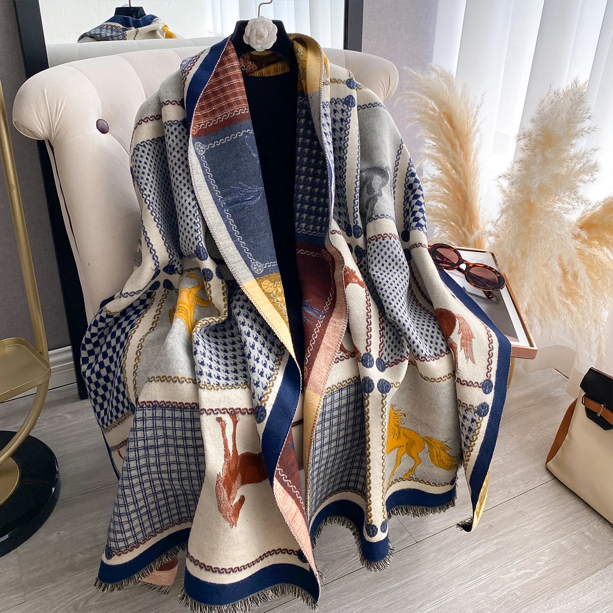 New Women Imitation Cashmere Two Sided Horse Print Scarf Soft Warm Pashmina Shawl Autumn Winter Coldproof Windproof Blanket