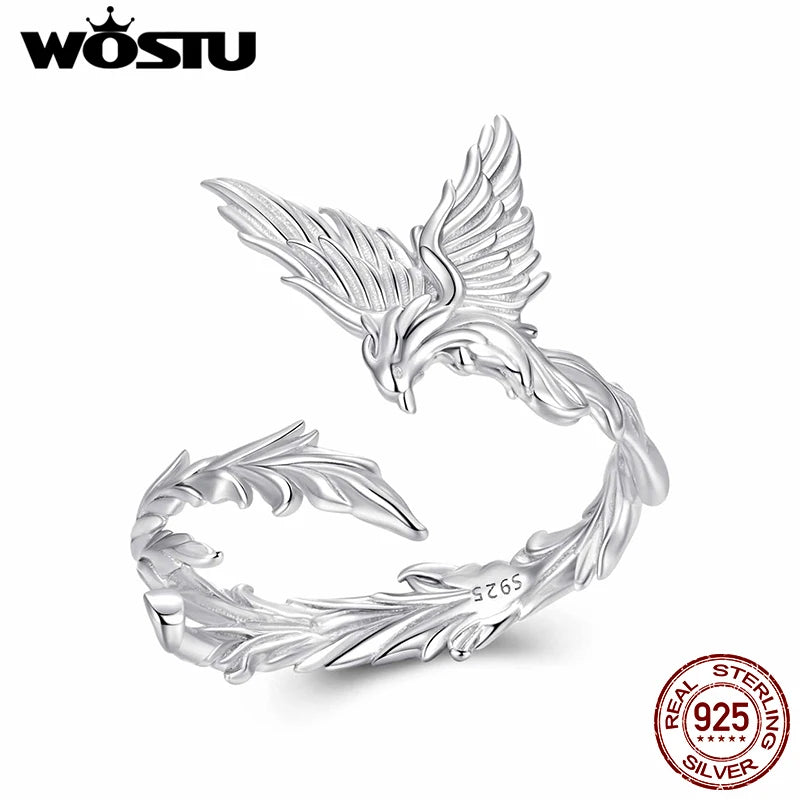 WOSTU 925 Sterling Silver Unique Vintage Style Phoenix Open Ring For Women, Elegant Open Wing Dragon Bird Animal Rings Xmas Gift