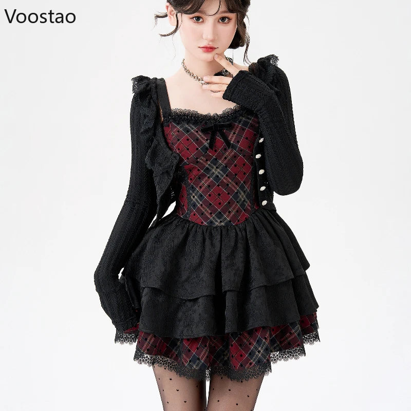 Y2k Aesthetic Elegant 2 Piece Set Women Lolita Style Knitted Cardigan Red Black Plaid Cake Dresses Suit Fashion Gothic Outfits