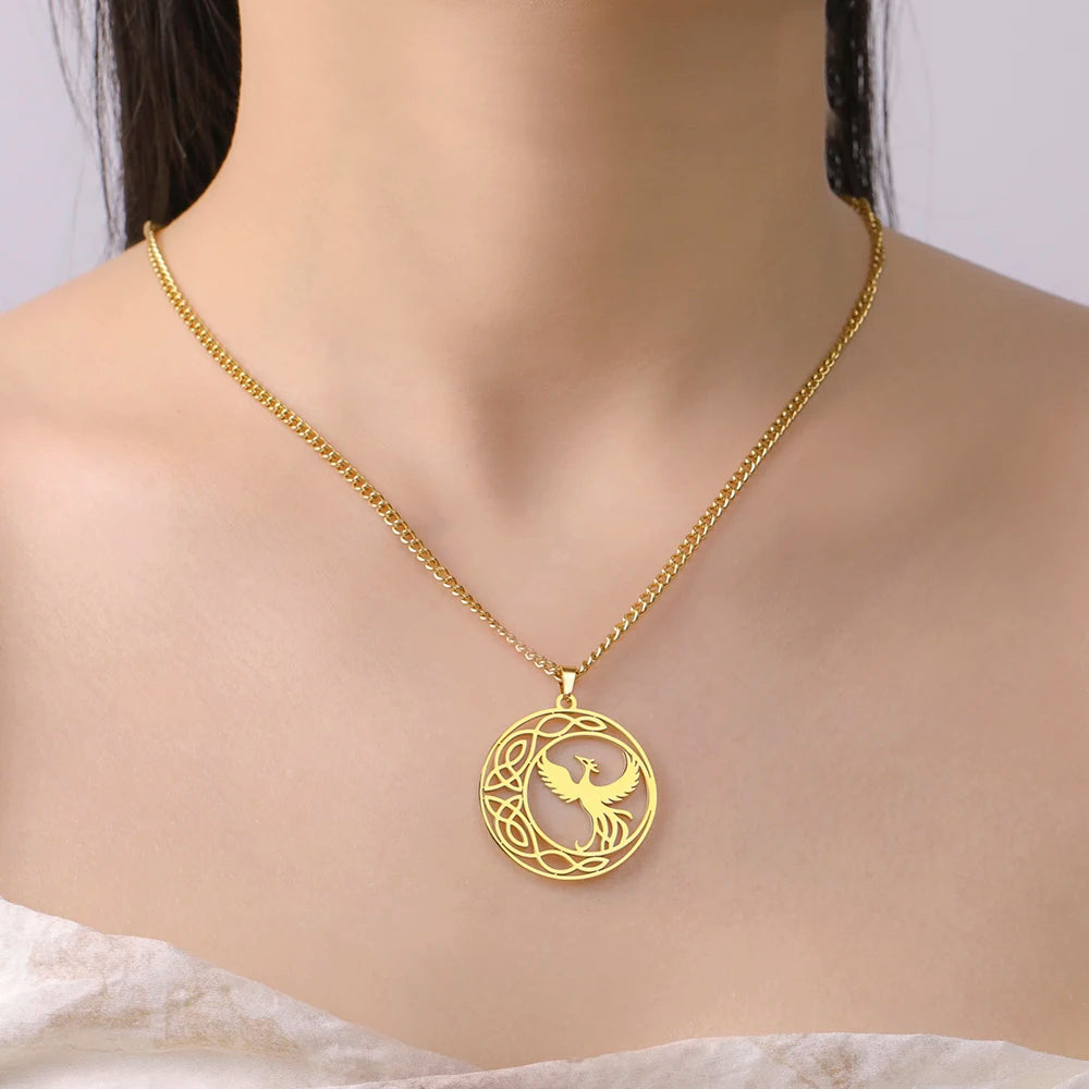 Collier Phoenix Animaux Mythologiques Dawapara Puissant Totem Celtique Croissant de Lune Protection Amulette Bijoux En Acier Inoxydable