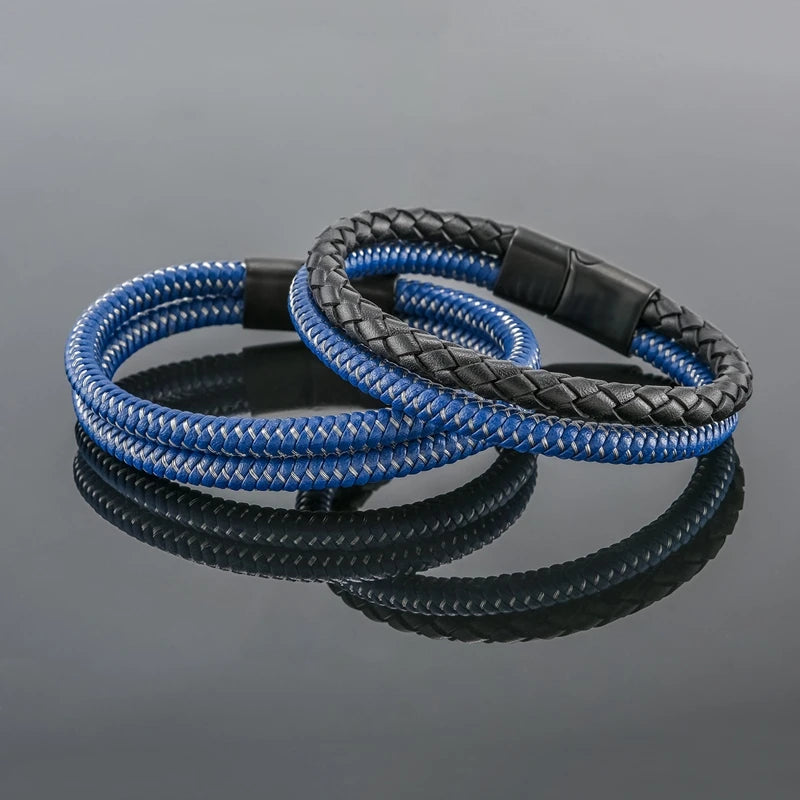 MKENDN Men's Simple Style Leather With Blue Stainless Steel Stitching Combination Bracelet Black Buckle Wristband Bangle Gifts