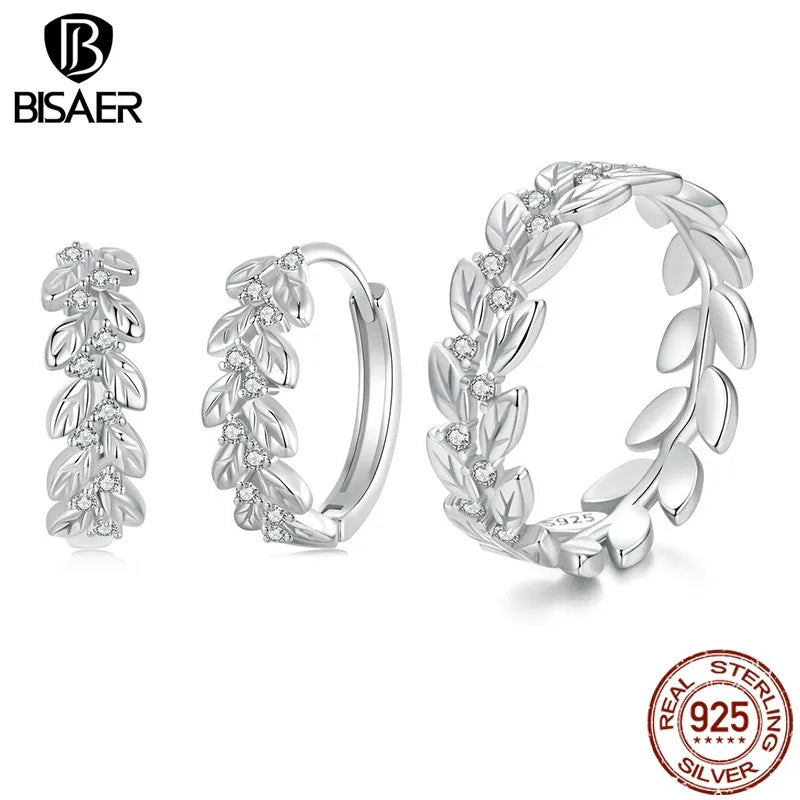 BISAER 925 Sterling Silber Blätter Offener Ring Einfache Blätter Creolen Vergoldet Weißgold für Frauen Party Edles Schmuckset Geschenk