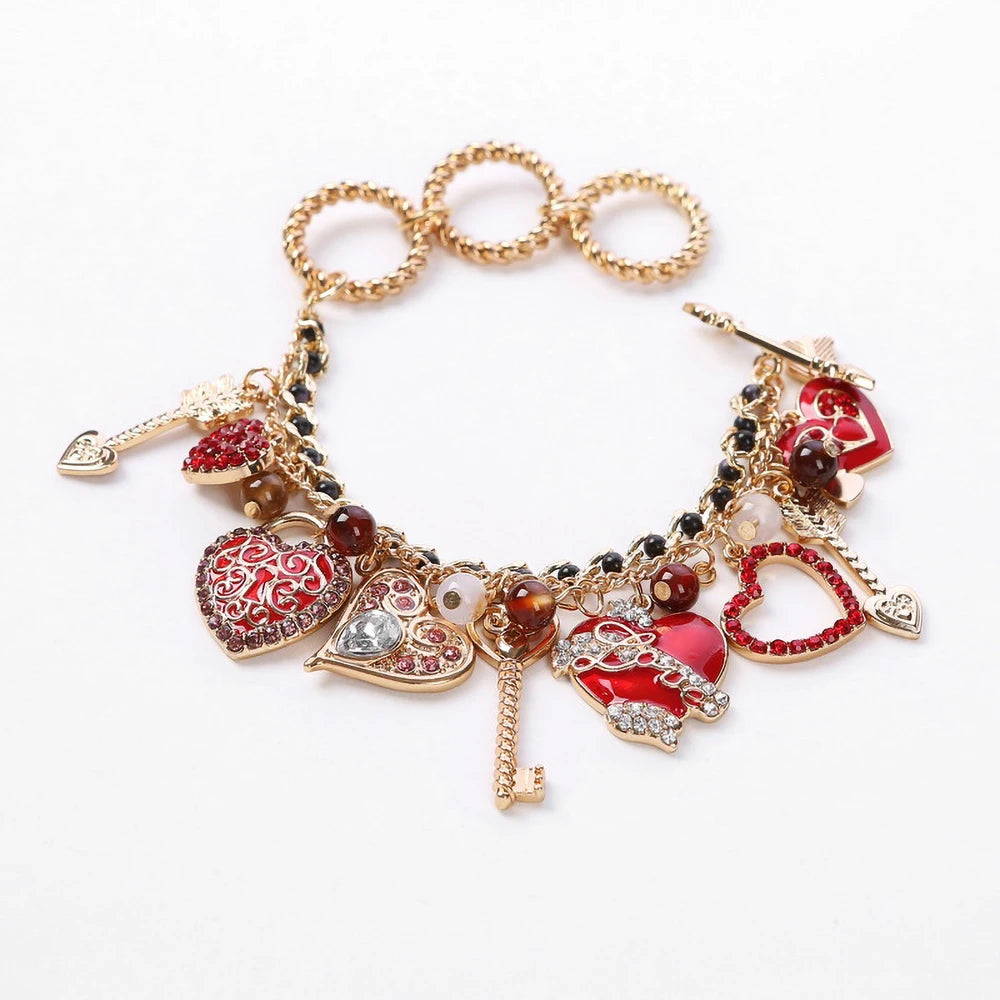 New Chrismas Bracelet Cute Red Love Heart Rhinestone Inlaid Magical Wand Arrow Of Love Beads Charms Bracelets Bangle Jewelry Gif
