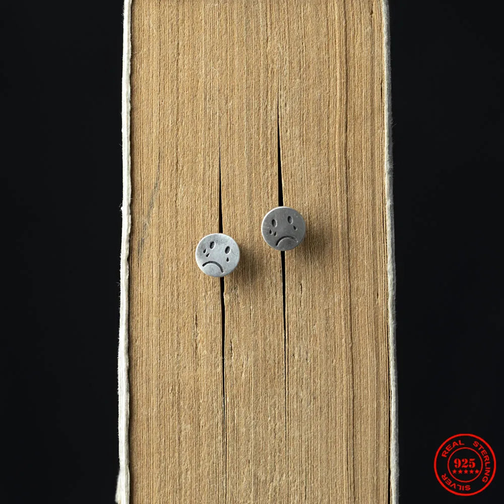 MKENDN Real 925 Sterling Silver Crying Face Stud Earrings Personality Minimalist Ear Jewelry Street Punk Gothic Style