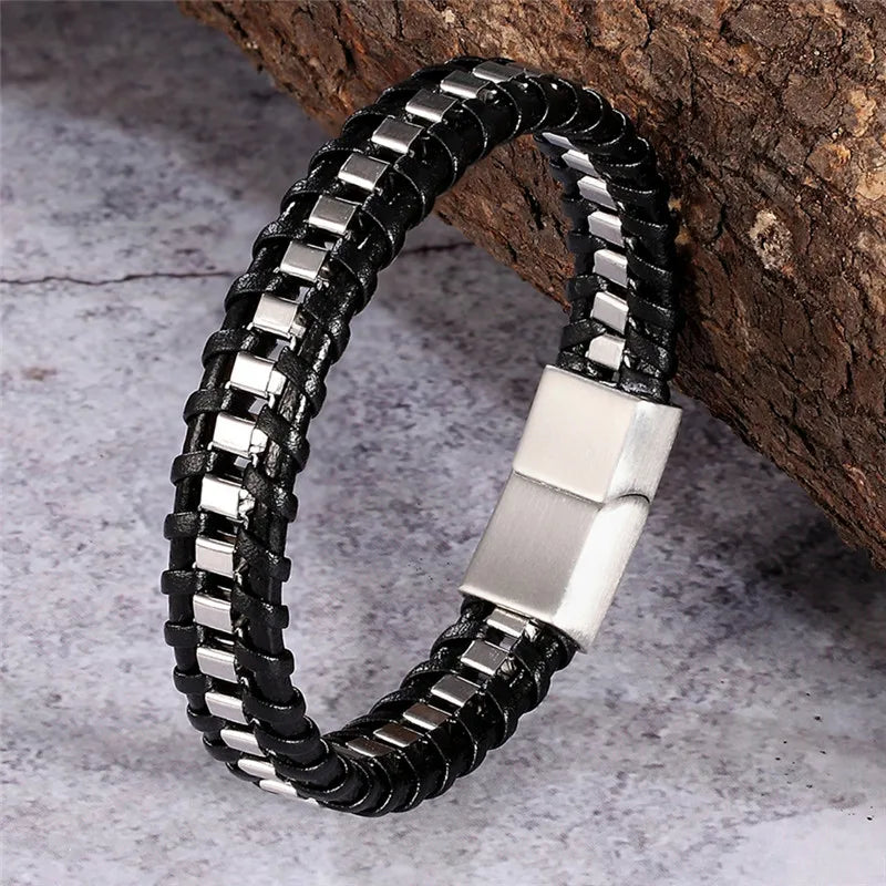 MKENDN Locomotive Vintage Black Chain Link Men Leather Bracelet Punk Stainless Steel Motorcycle Bracelets Male Jewelry