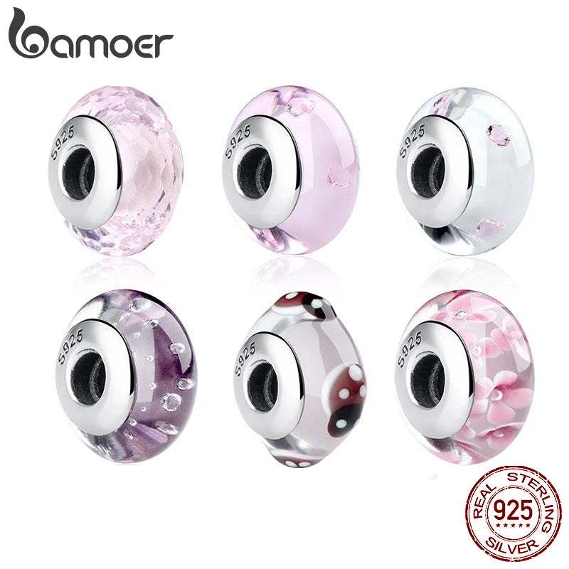 BAMOER 925 Sterling Silber Schöne rosa Blume Europäische Murano Glas Charm Perlen für DIY Charm Armbänder Weihnachtsgeschenke SCZ001