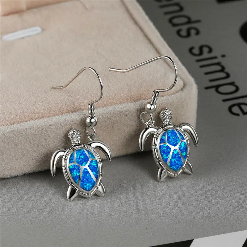 Boucles d'oreilles pendantes longues en forme de tortue marine pour femme, accessoire de mariage, bijoux tendance, pendentif en opale bleue imitation pour femme