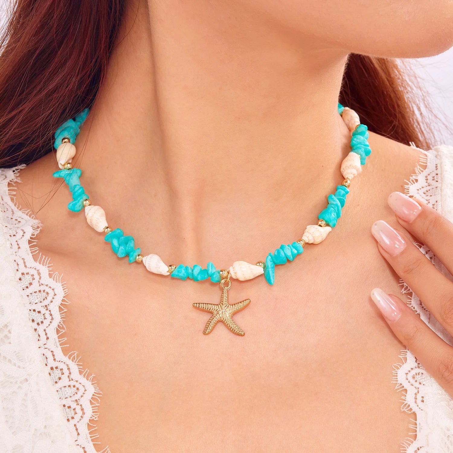 Bohemian Starfish Conch Pendant Necklaces For Women Colorful Irregular Stone Choker Neck Chain Girls Summer Beach Party Jewelry