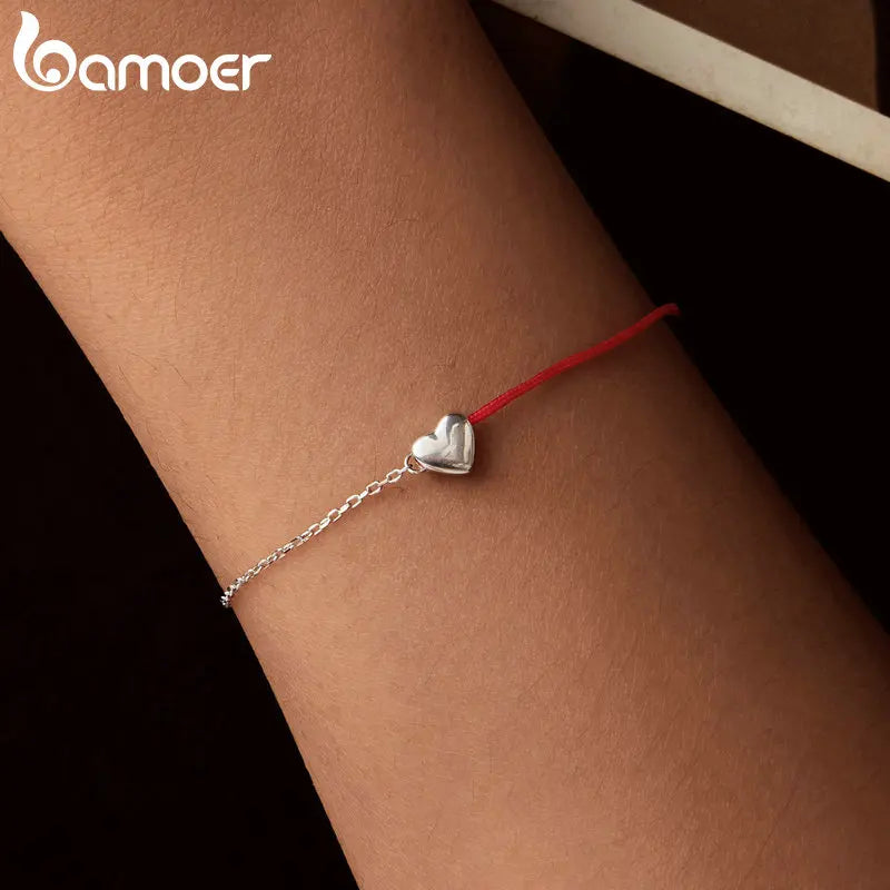 BAMOER 925 Sterling Silver Fashion Heart Bracelet, White Gold Plated Dainty Red Rope Link Chain Bracelet for Women Teen Girls