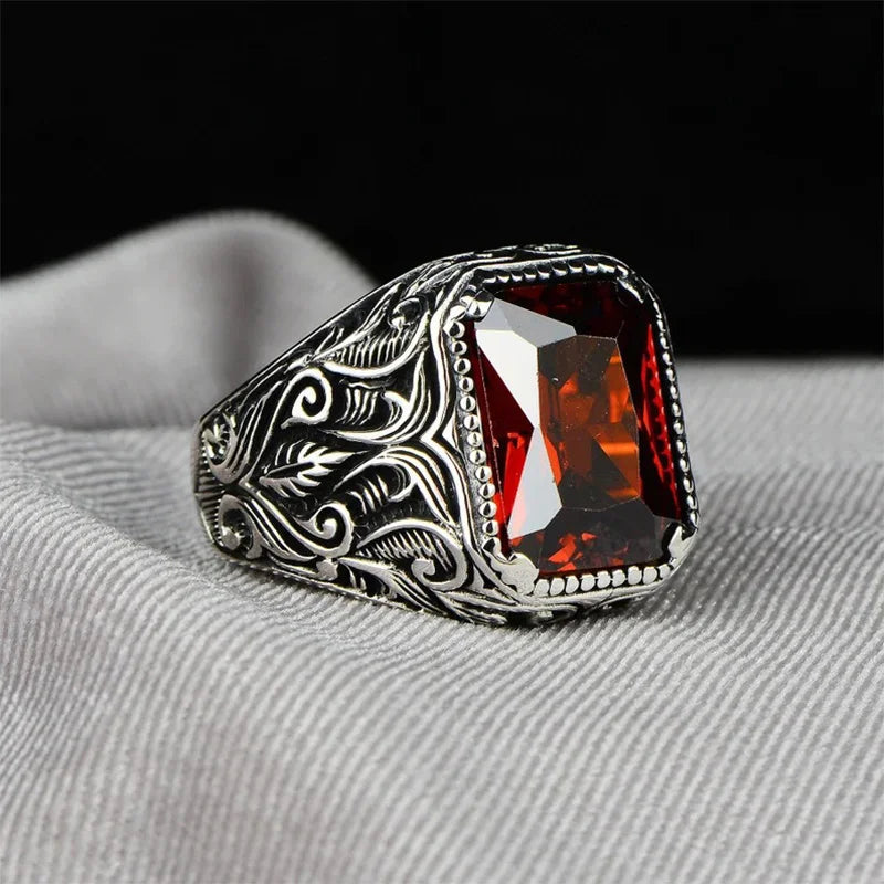 Retro Red Crystal Ring For Men Silver Color Punk Gothic Rock Hiphop Ring Biker Accessories Handmade Designer Jewelry Lovers Gift