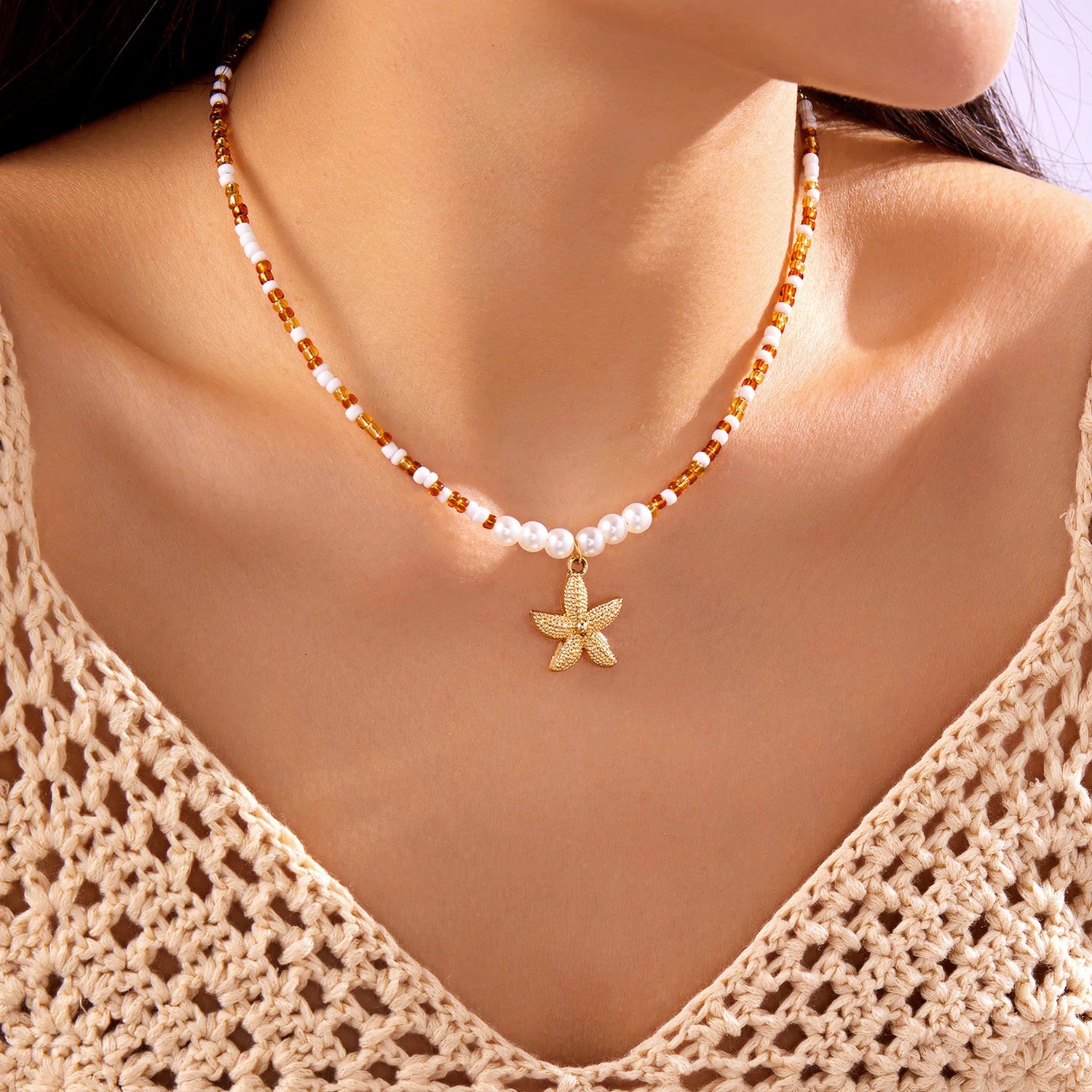 Bohemian Rice Beads Starfish Pendant Necklace for Women Handmade Imitation Pearl Colorful Beaded Choker Summer Beach Jewelry