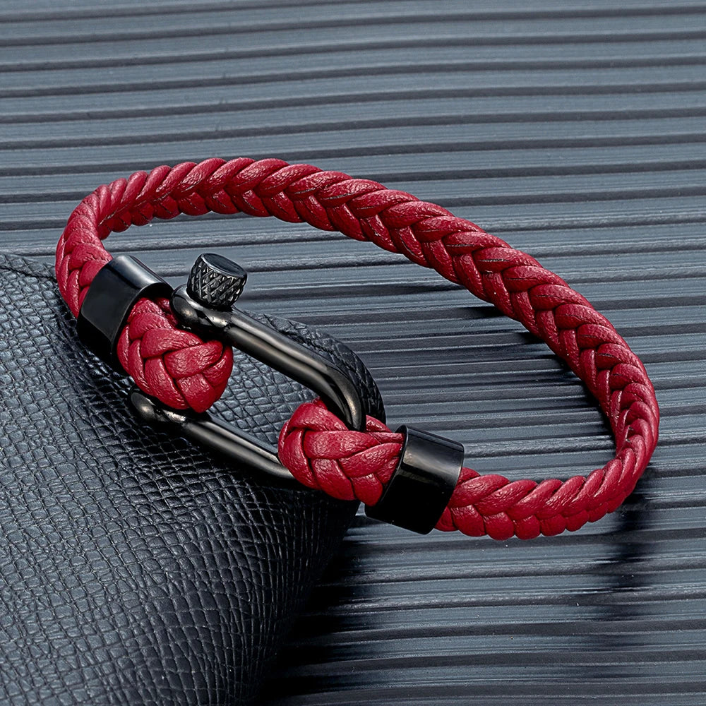 MKENDN Minimalist Nautical Style Braided Leather Bracelet Stainless Steel U-Shape Shackle Buckle Survival Jewelry For Men Women