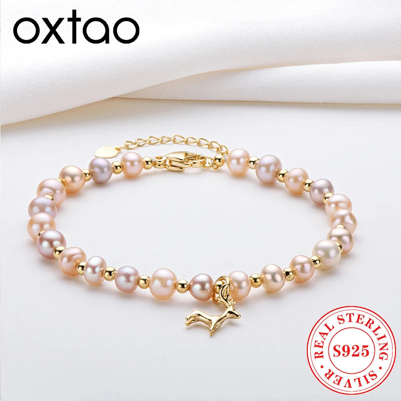 OXTAO Daily Wear 8-9mm Natural Freshwater Pearl Bracelet 925 Silver Adjustable Women'S Elegant Bracelet Jewelry Anniversary Gift