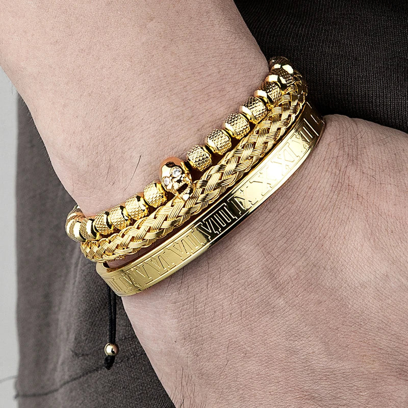 MKENDN Luxury 3pcs/Set Skull Charm Black Bracelet Stainless Steel Men Roman Number Bangles Europe Fashion Couple Jewelry