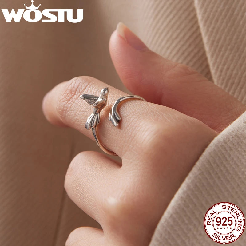 WOSTU 925 Sterling Sliver Bird Open Ring For Women, Solid Silver Stackable Party Rings Funny Jewelry Birthday Gift For Girl