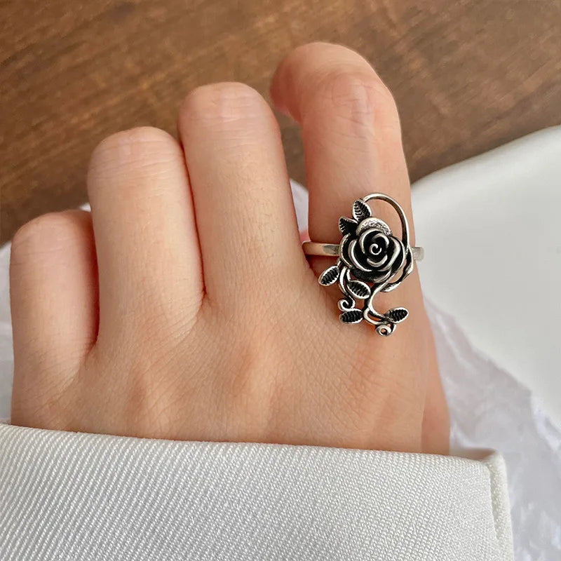Buyee 925 Sterling Silber Großer Blumenring Finger Grau Rose Offener Ring für Frau Mode Ethno Feiner Schmuck Kreis mit Box